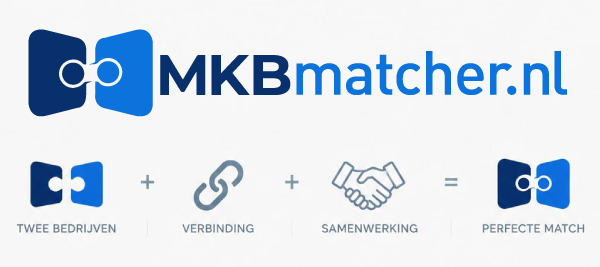 Opbouw van het MKBmatcher logo: twee bedrijven, verbinding, samenwerking en de perfecte match